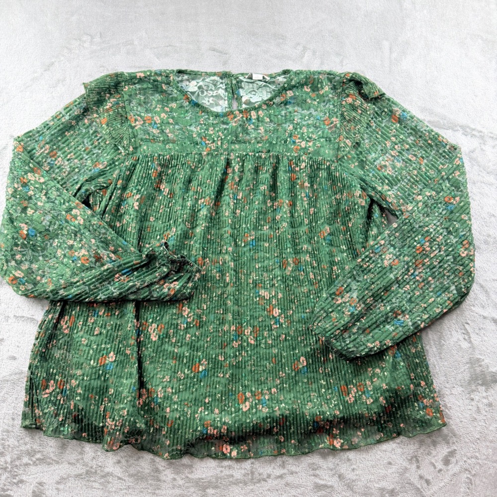 Cato Women's Small Green Floral Pleated Lace Long Sleeve Blouse